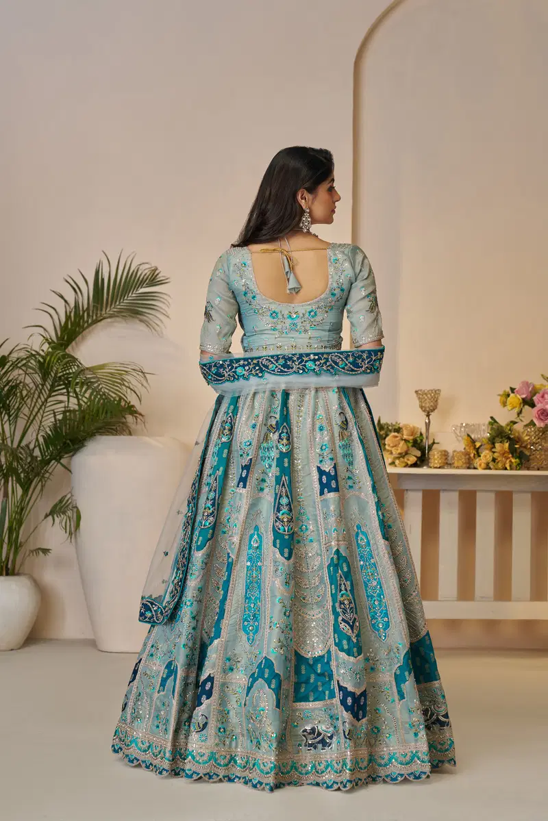 Kf 492 Sky Blue Banarasi Silk Indian Bridal Lehenga Wholesale Online